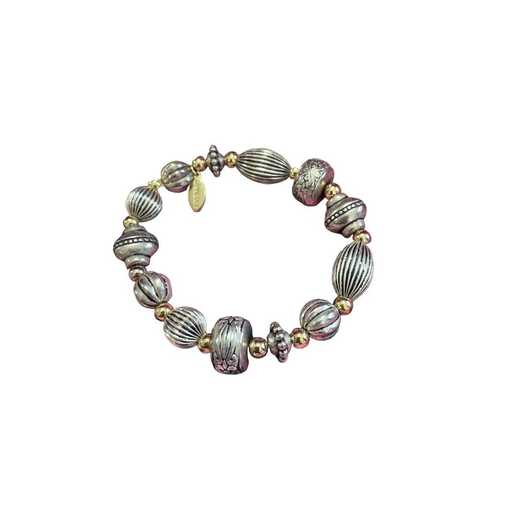 Season's Vintage‎ Style Charmed Gold Slate Silver Glass Beaded Stretch Bracelet